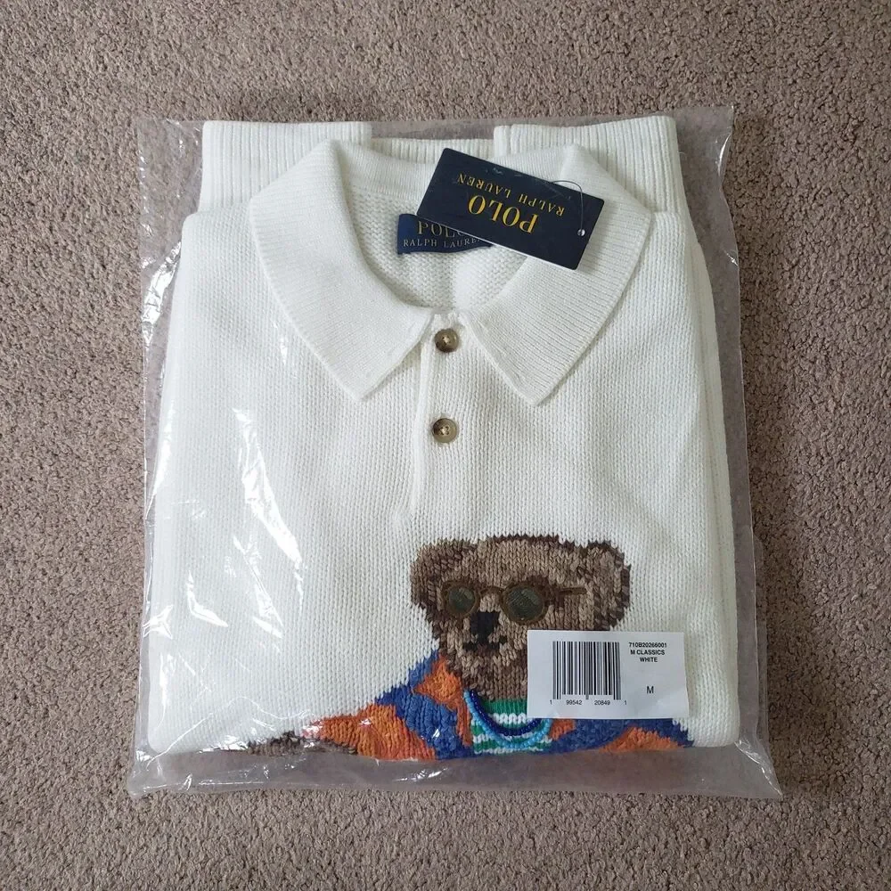 Polo Ralph Lauren Harbour Island Bear Sz Medium Mens Deckwash White Sweater Polo